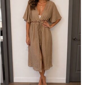 L.I.F.E. Love Is For Eternity Tan Crochet Waist Swim Cover Up Duster Dress M t3